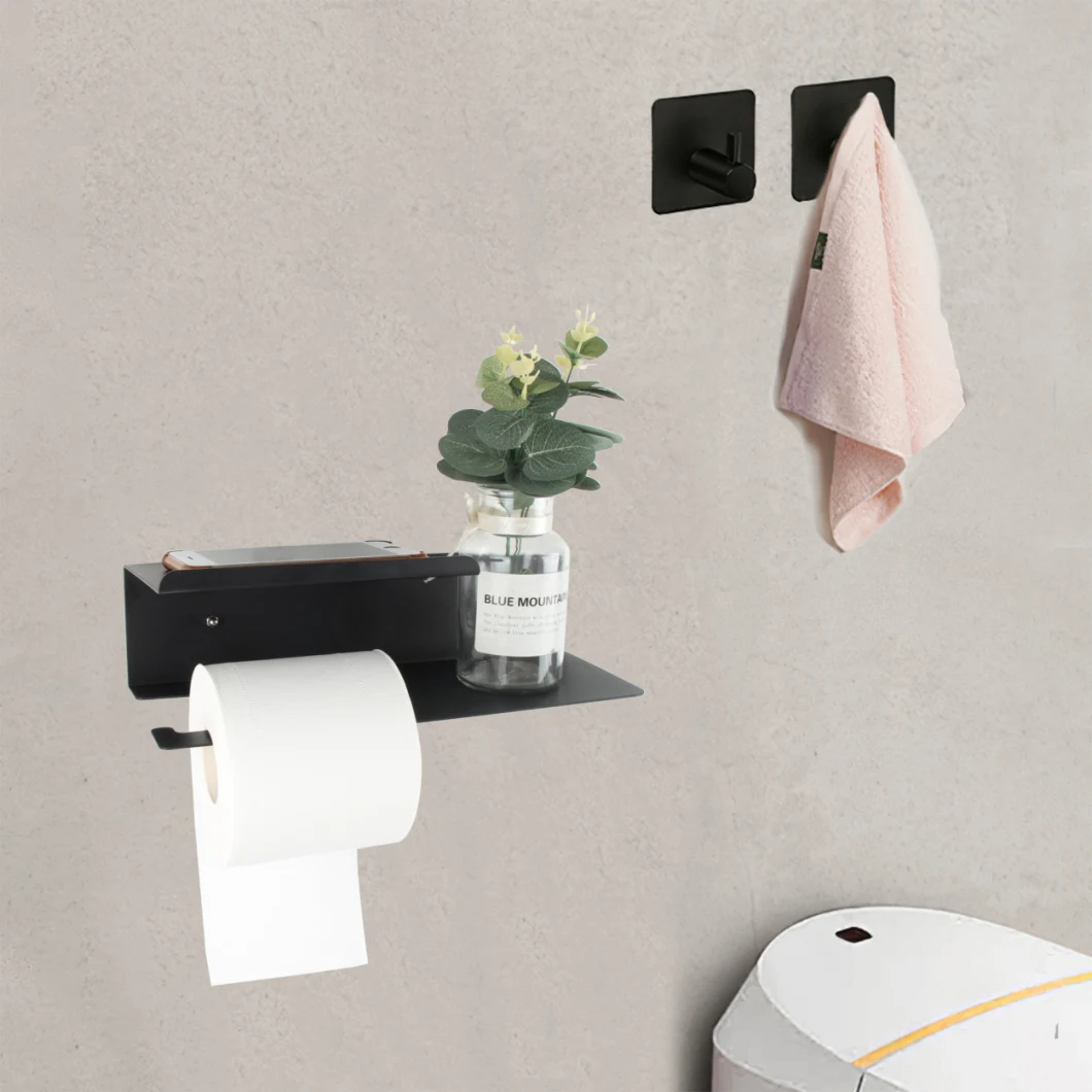 304 Stainless Steel Black Wall Mounted Tissue Roll Holder Towel Holder with Mobile Phone Shelf Bathroom Toilet Paper Holder
