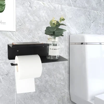 304 Stainless Steel Black Wall Mounted Tissue Roll Holder Towel Holder with Mobile Phone Shelf Bathroom Toilet Paper Holder