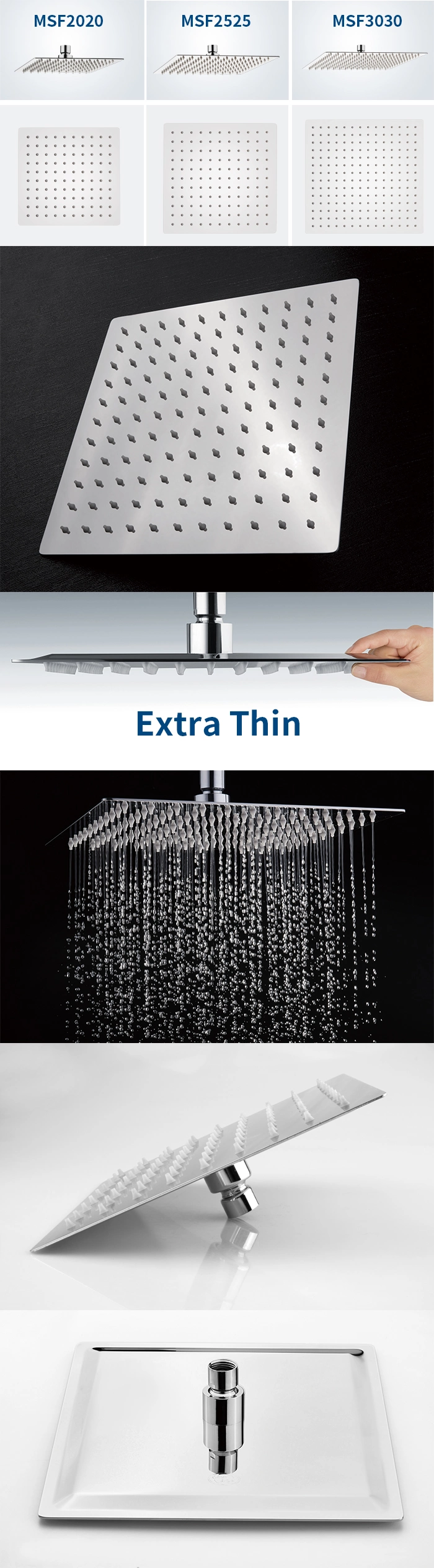 8 Inch SUS 304 Bathroom Square Rainfall Shower Head with Adjustable Brass Swivel Ball Joint
