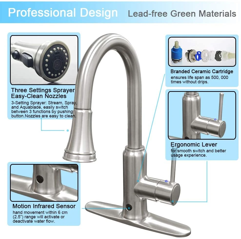 Modern Lead Free Sensor Kitchen Faucet Kitchen Sink Tap with Single Handle, Switchable Battery Power Supply, Pull out Pull Down Sprayer