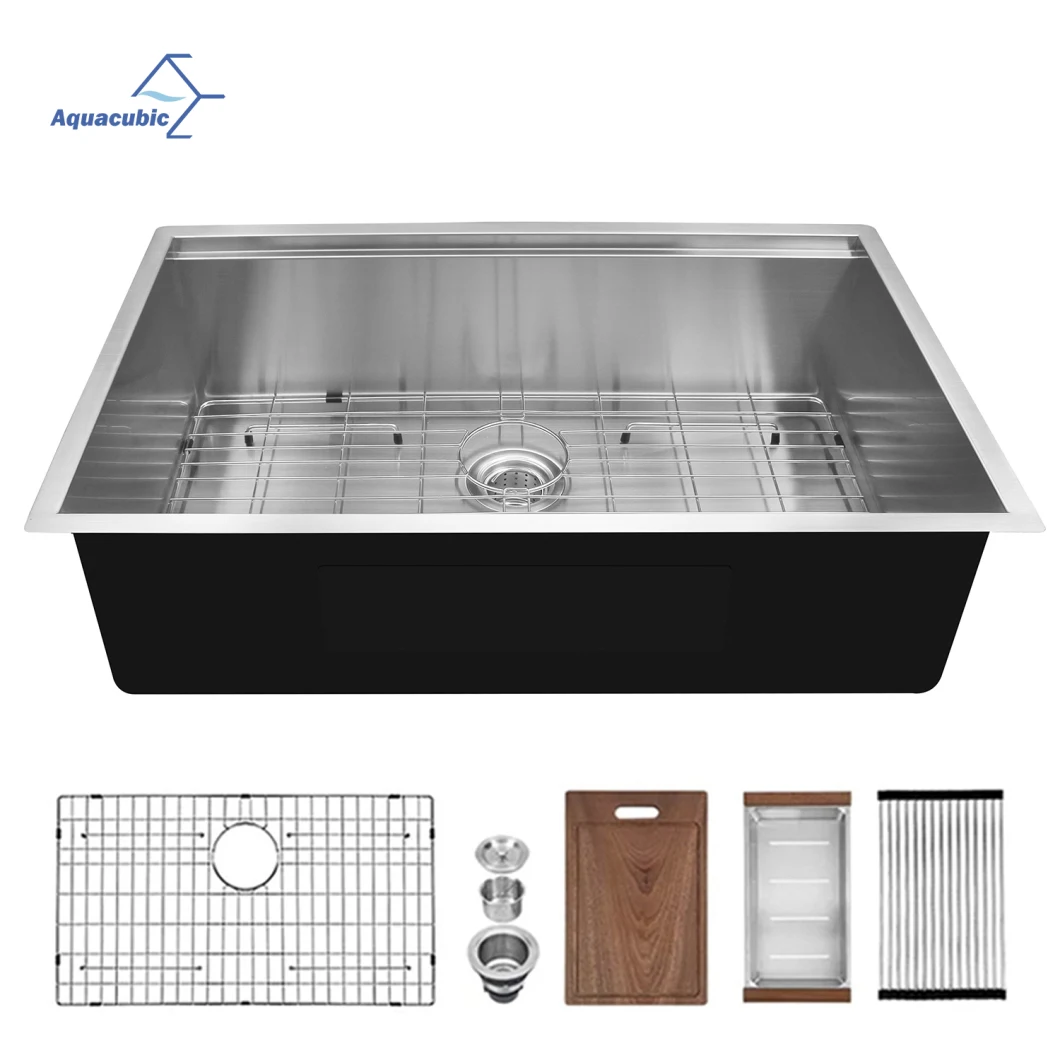 Aquacubic 30 Inch Multi-Functional OEM/ODM Handmade SUS304 Stainless Steel Undermount Kitchen Sink with Ledge