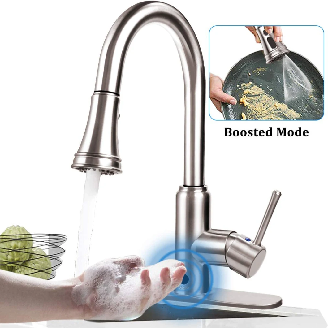 Modern Lead Free Sensor Kitchen Faucet Kitchen Sink Tap with Single Handle, Switchable Battery Power Supply, Pull out Pull Down Sprayer