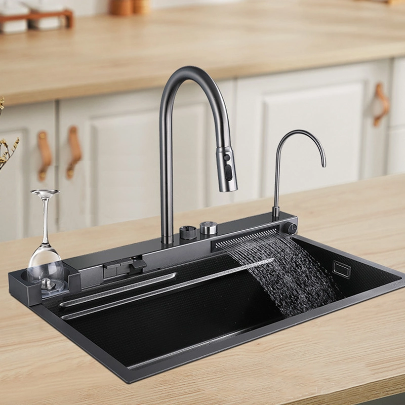 2023 Nano Black Modern Undermount Multifunction Smart Digital 304 Stainless Steel Handmade Farmhouse Single Bowl Waterfall Kitchen Sink