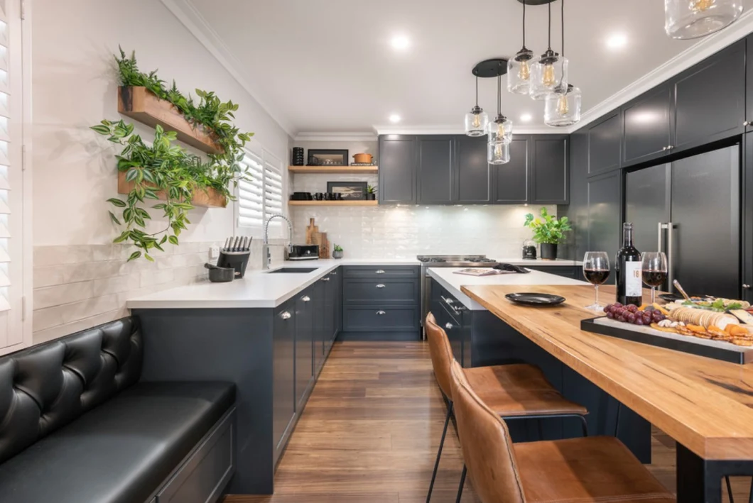 Home Interior Design Dark Grey Kitchen Shaker Suppot Shelf Display MDF Base Sink Kitchen Cabinets