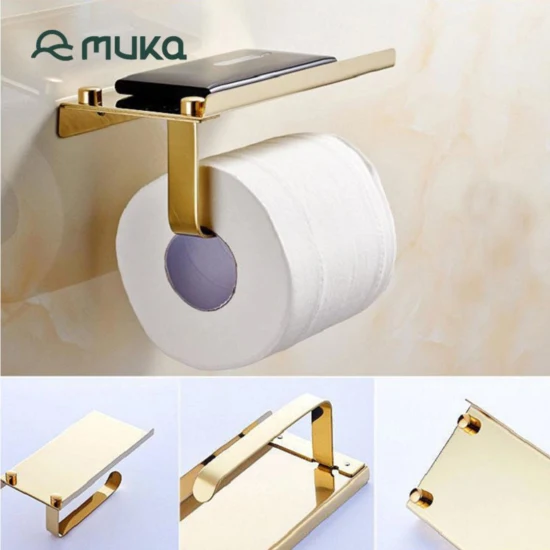 SUS304 Toilet Paper Holder with Shelf Wall Mount, Toilet Roll Holder for Cell Phone Storage in Drill Installation